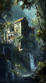 Stone tower complex stands over terraced waterfalls in forest