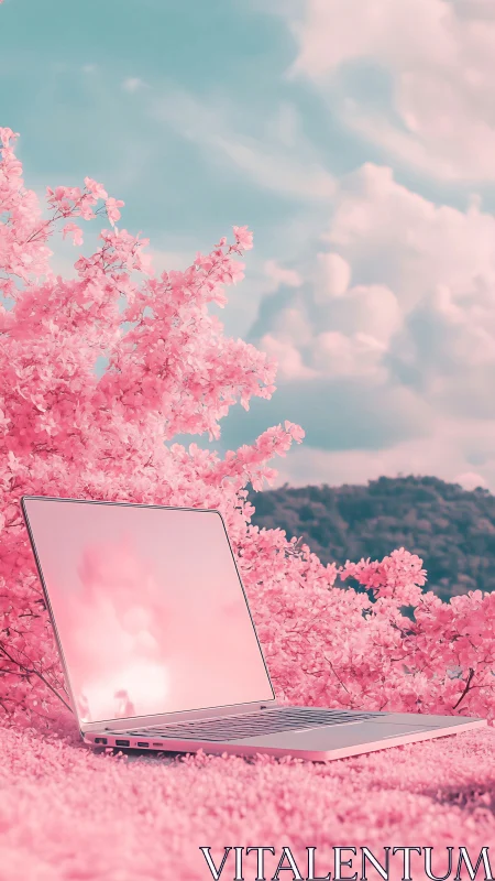 Laptop lounges softly in a candyfloss orchard of pixel dreams