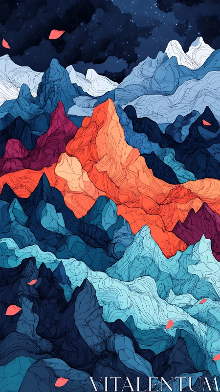 Chromatic mountain waves blazing beneath a midnight sky.