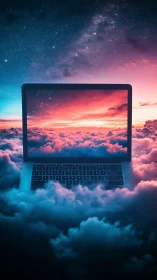 Laptop portal opens surreal neon cloudscape at twilight.