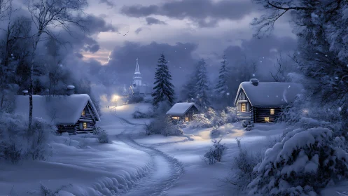 Snowlit village hush with lamplit cabins and distant steeple.