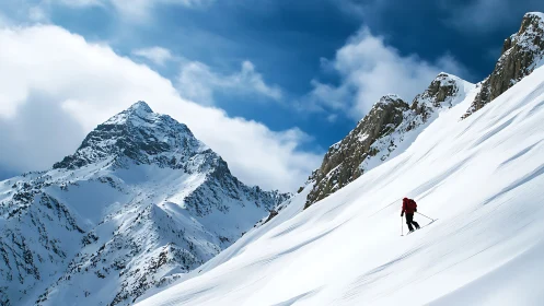 Photorealistic alpine ascent with skier on diagonal snowfield.
