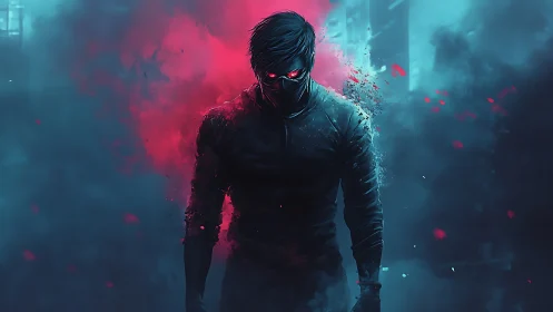 Cyberpunk vigilante in neon particle haze, frontal composition.