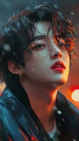 Moody youth portrait under neon and rain-soaked glow.