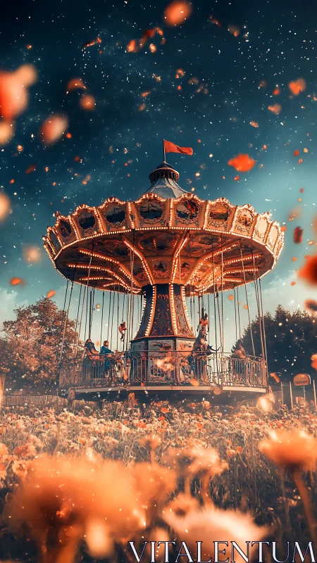 Swing carousel stands illuminated above blurred flower field
