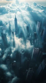 Sunlit skyscrapers rise through dreamy clouds above the city