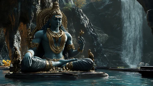 Digital Shiva sculpture in meditative pose, high-detail rendering.