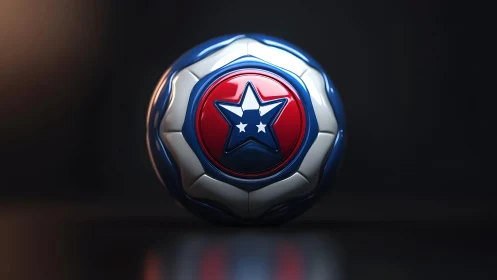 Glossy soccer ball with patriotic star emblem in dramatic lighting.