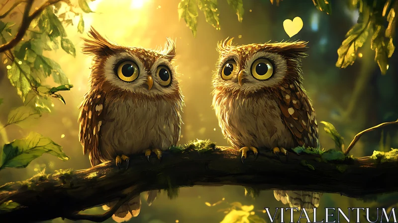 Two Adorable Cartoon Owls on a Branch in a Glowing Forest Scene.