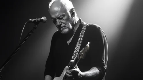 Elderly guitarist performs under dramatic stage spotlight.