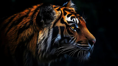 Tiger portrait glows against deep black negative space