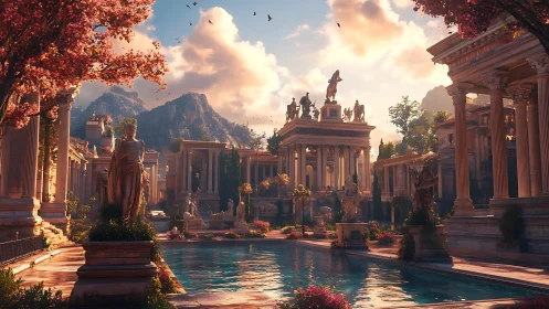 Sunlit marble pantheon dozes beside a crystalline garden pool