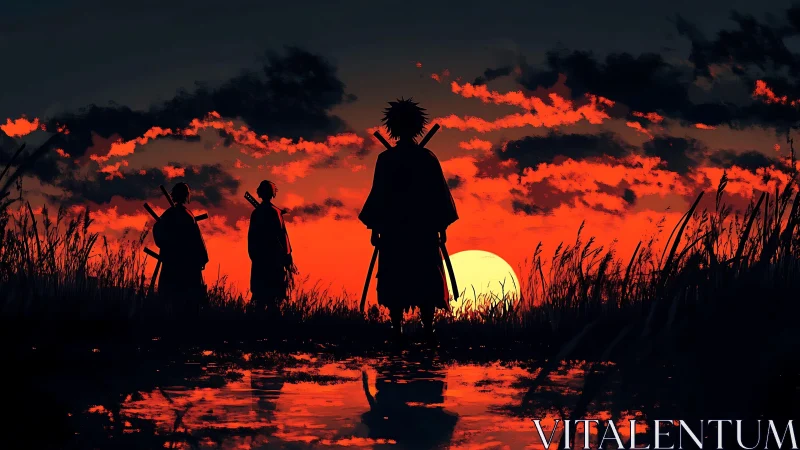 Three samurai silhouettes watch low sun over burning marsh