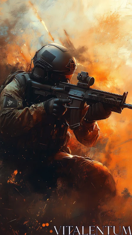 Armored futuristic soldier advances through fiery battlefield.