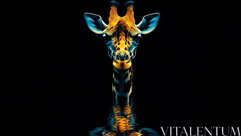 Chromatic giraffe portrait with neon edge lighting in water.