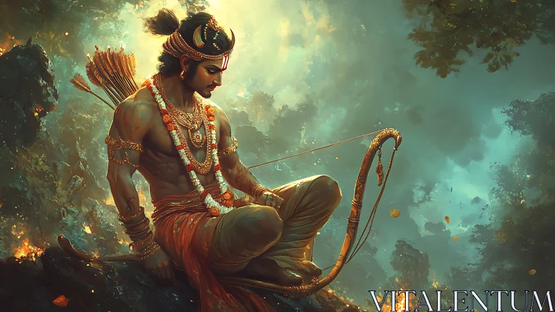 Epic warrior archer in mystical forest digital painting.