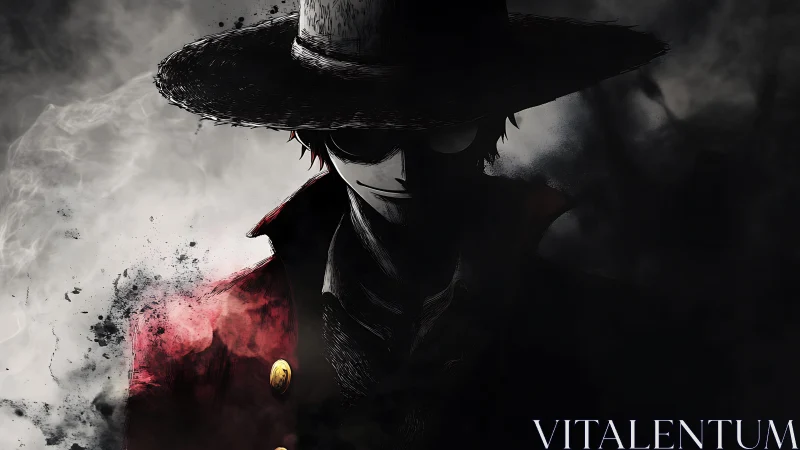 Shadowed straw hat figure emerges through dissolving red coat