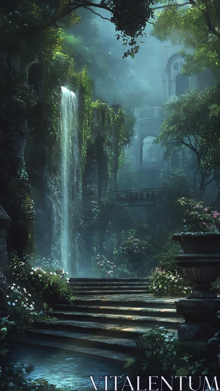 Moonlit cascade over a secret ruined garden stairway.
