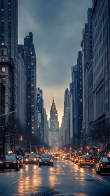 Photorealistic dusk city avenue with axial skyscraper focus.