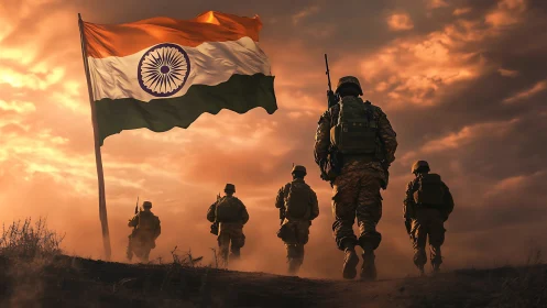 Indian soldiers march beneath flag at dramatic sunset sky