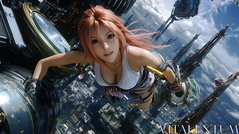 Fearless sky diver glides through a bright futuristic cityscape