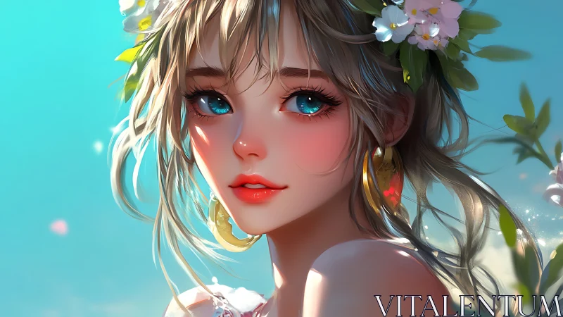 Anime girl portrait with flowers, blue sky and sunlight.