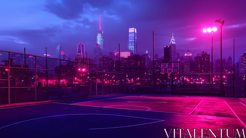 Neon-drenched city court glows beneath electric twilight skies.