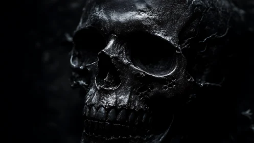 Glossy black skull emerges from deep shadowed darkness