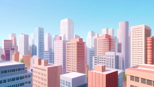 Pastel high rise city skyline under clear blue sky