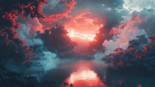 Surreal red forest lake under glowing sunset clouds.