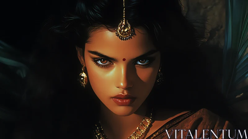 Cinematic portrait renders intense gaze with jeweled accents
