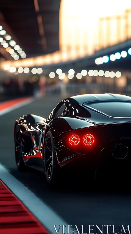 Futuristic black hypercar glows under cinematic circuit lights.