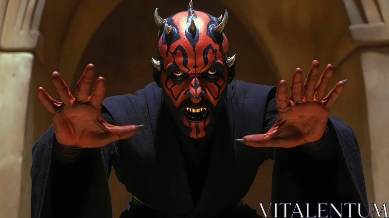 Horned red and black villain lunging with outstretched hands.