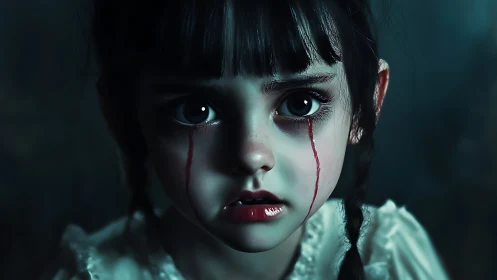 Digital portrait of young girl with stylized blood tears.