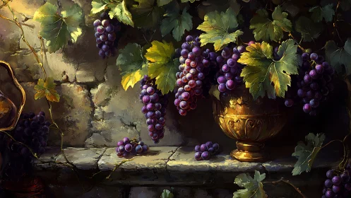 Gilded bowl of twilight grapes on weathered stone ledge.