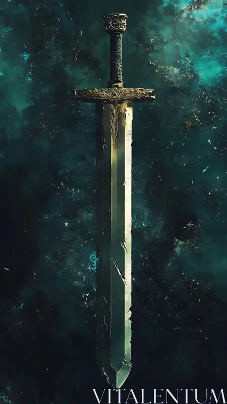 Starlit battle-scarred greatsword hangs in quiet cosmic dusk