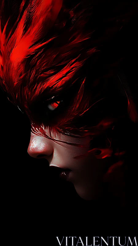 Red-plumed hybrid portrait isolates chiaroscuro facial drama