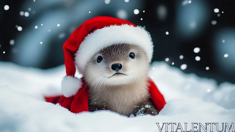 Young otter in red Santa hat sitting in winter snow.