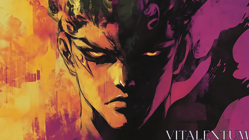 Dual-toned warrior portrait glows with intense fire and shadow.