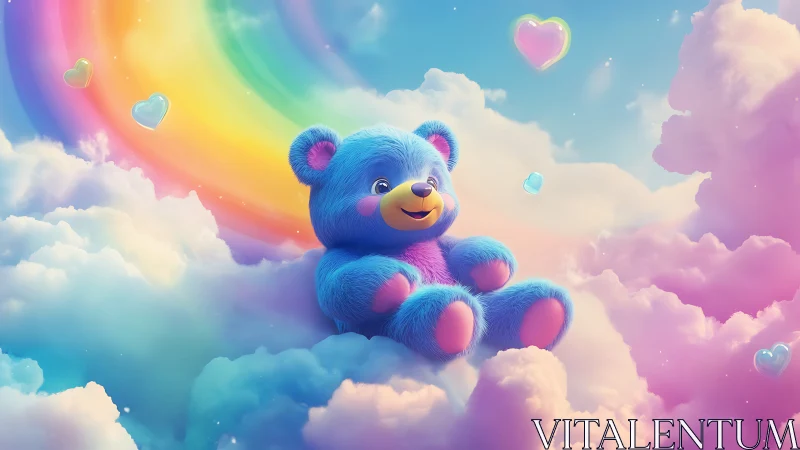 Blue plush teddy bear resting on pastel clouds and rainbow.
