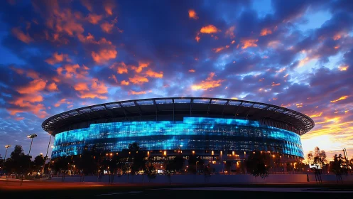 Illuminated modern stadium exterior under evening sky.