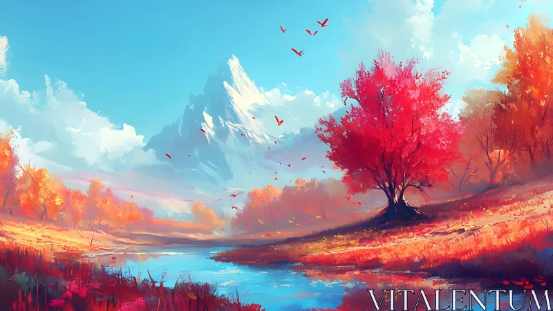 Crimson tree before alpine peak in luminous autumn valley.