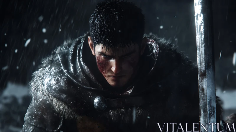 Armored warrior kneeling in snowfall with bloodstained face.