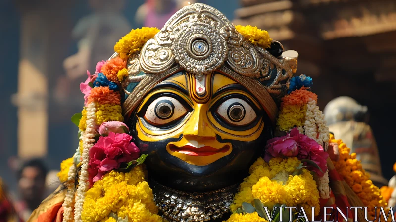Ornate deity mask glows under marigold and rose garlands.