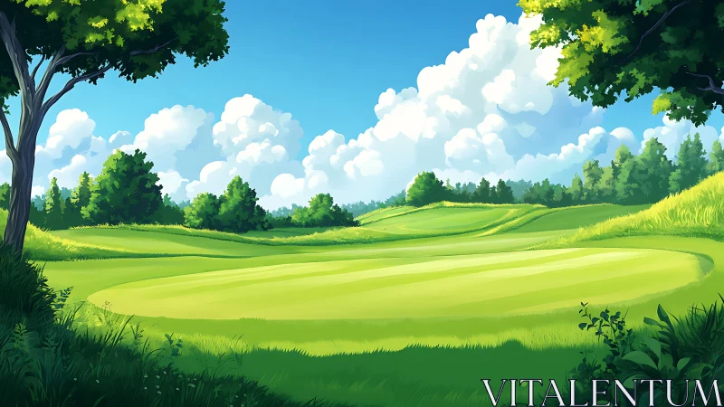 Sunlit rolling meadows unfold beneath towering summer clouds