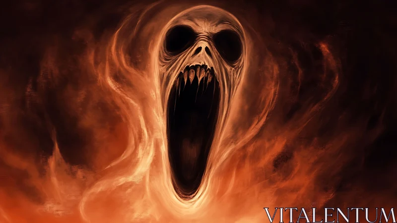 Digital painting of screaming spectral skull in fiery vortex.