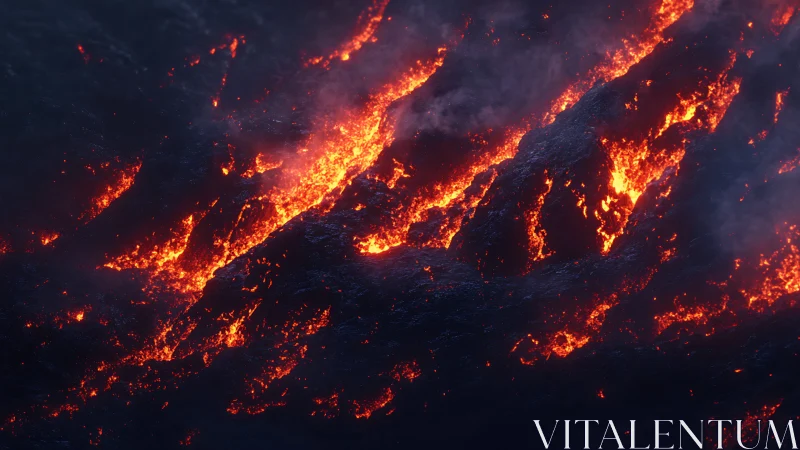 Lava flows traverse dark volcanic terrain at night.