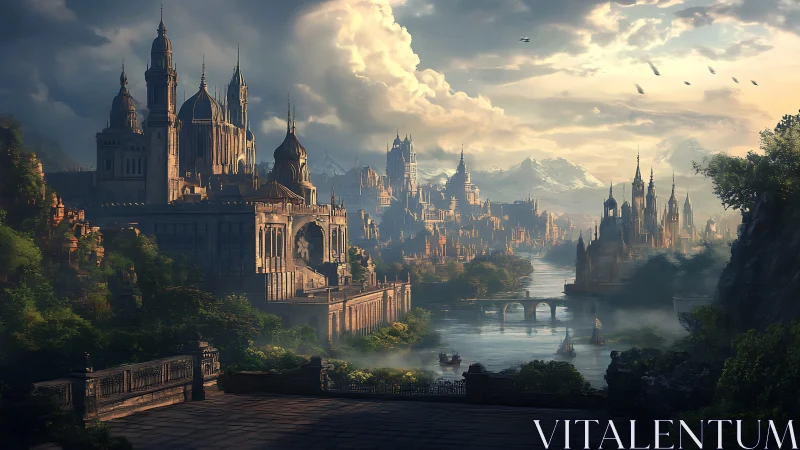 Epic riverine fantasy capital rendered in atmospheric concept art