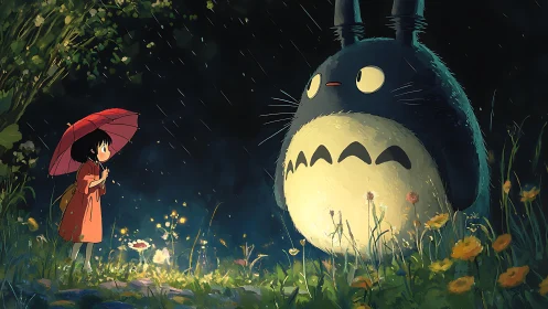 Girl meets forest spirit under glowing rainlit meadow night.