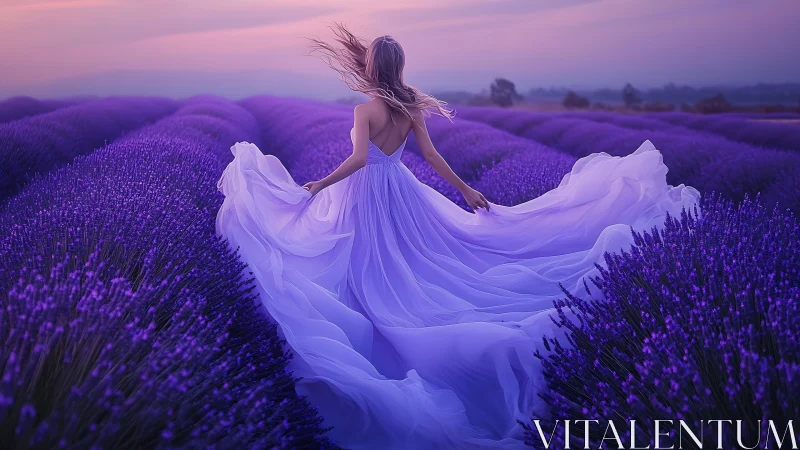 Woman in flowing dress walks through dense lavender rows at dusk